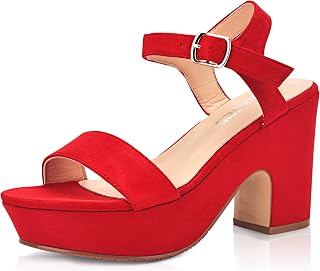 Sandalias de tacón de plataforma de ante para mujer, estilo peep toe de moda, vestido sexy de boda, bloque de cuñas gruesas, tacón alto, correa de tobillo, Rojo, 40 EU