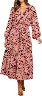PRETTYGARDEN Women Long Sleeve V Neck Leopard Print Ruffle Tie Waist Maxi Dress Chiffon Bohemian Long Dress