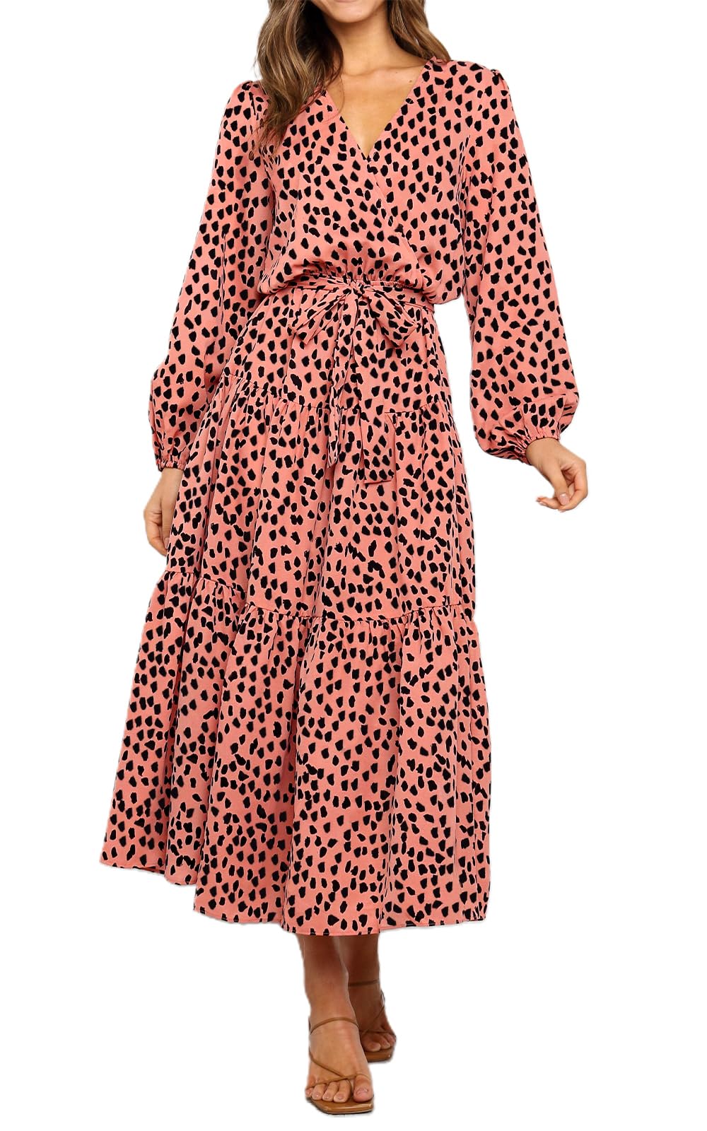 PRETTYGARDEN Women Long Sleeve V Neck Leopard Print Ruffle Tie Waist Maxi Dress 