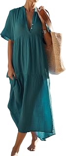 R.Vivimos Womens Summer Cotton Flowy Maxi Dress Short Sleeve V Neck Empire Waist Boho Tiered Ruffle Casual Loose Long Dresses