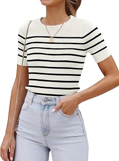 ZESICA Women's Crew Neck Short Sleeve Striped Summer Ribbed Top Slim Fit Casual Basic Tops