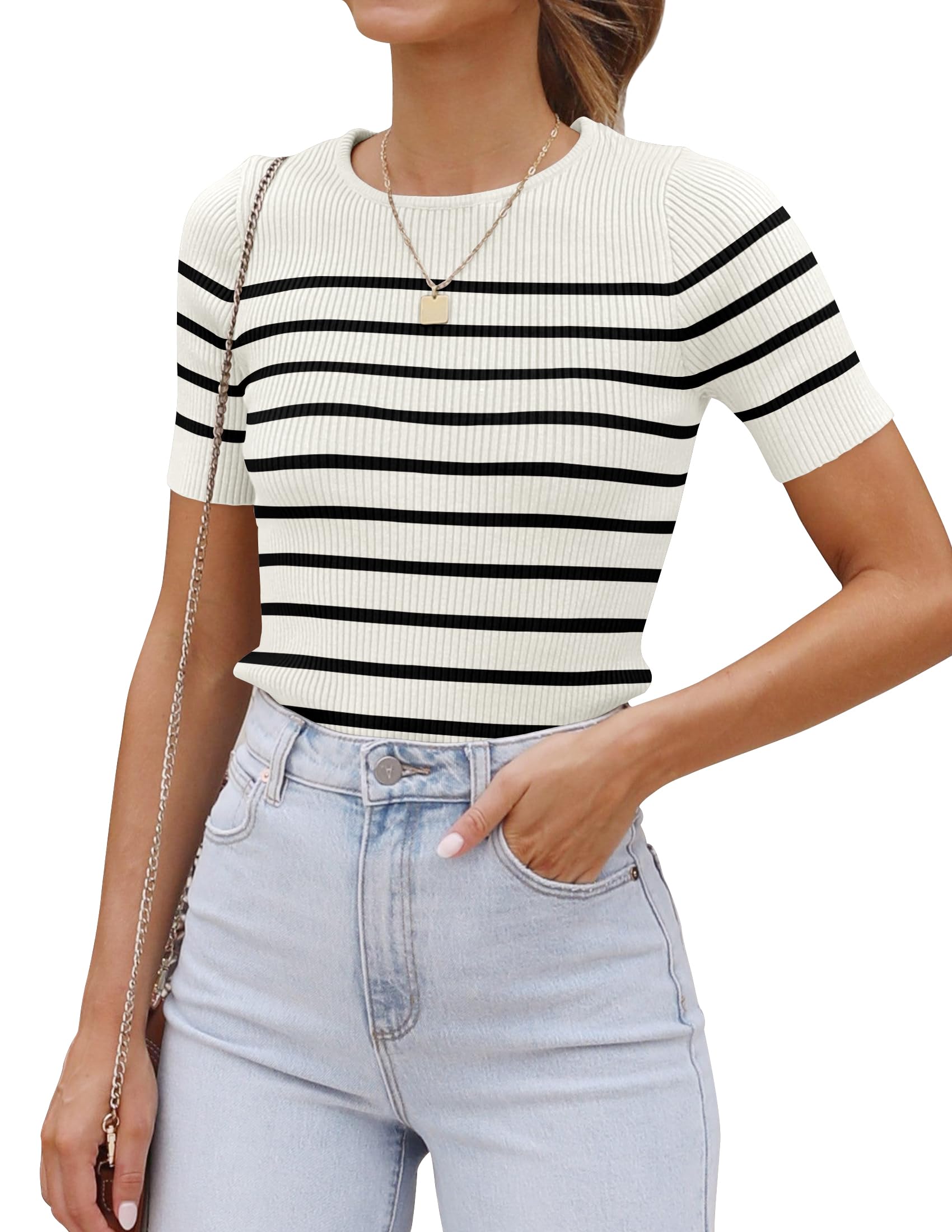 ZESICA Women's Crew Neck Short Sleeve Striped Summer Ribbed Top Slim Fit Casual 