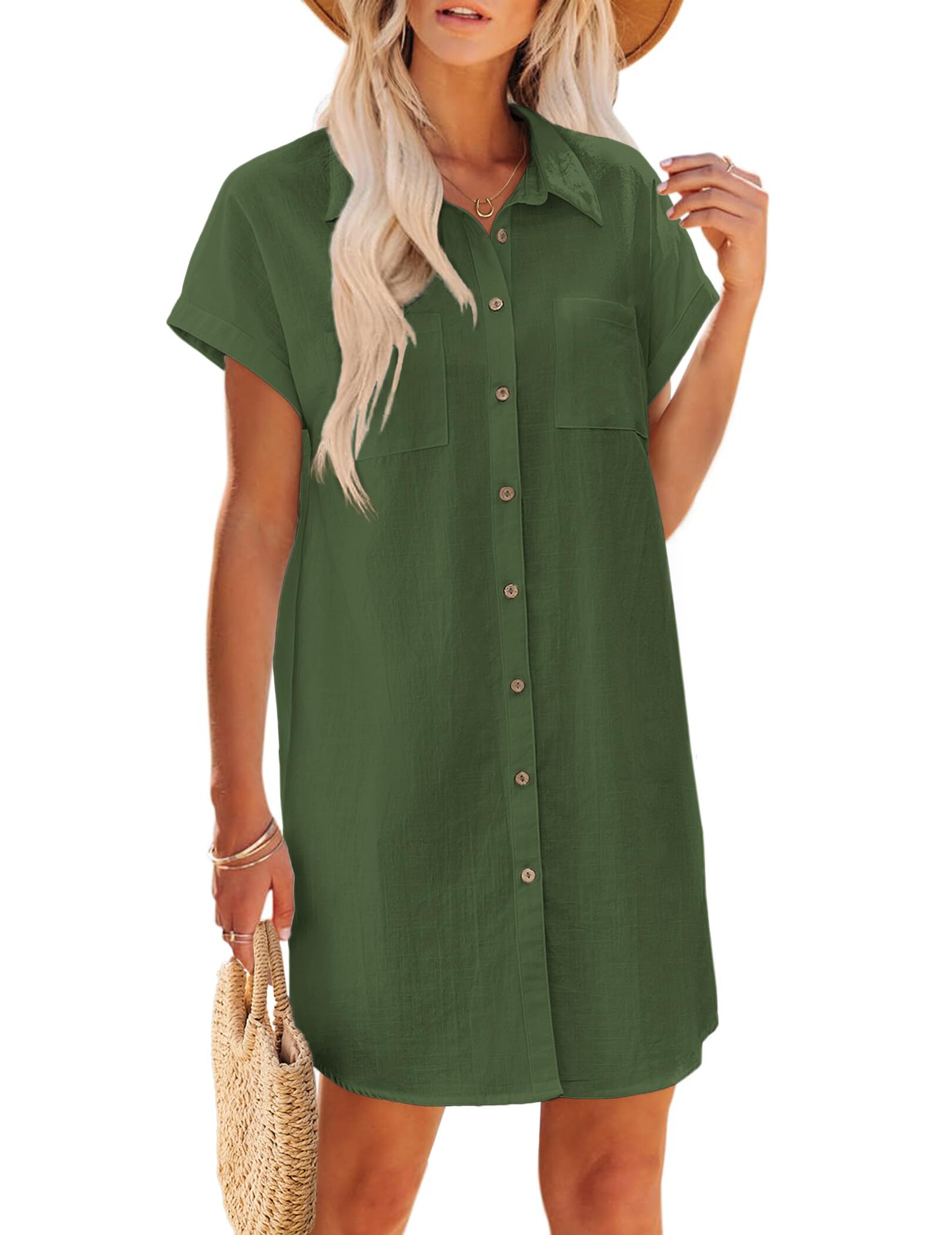 Zeagoo Summer Dresses for Women 2026 Cotton Button Short Sleeve Casual Dresses M