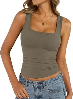 EasyGala Womens Cotton Ribbed Square Neck Tank Tops Fitted Sleeveless Shirt