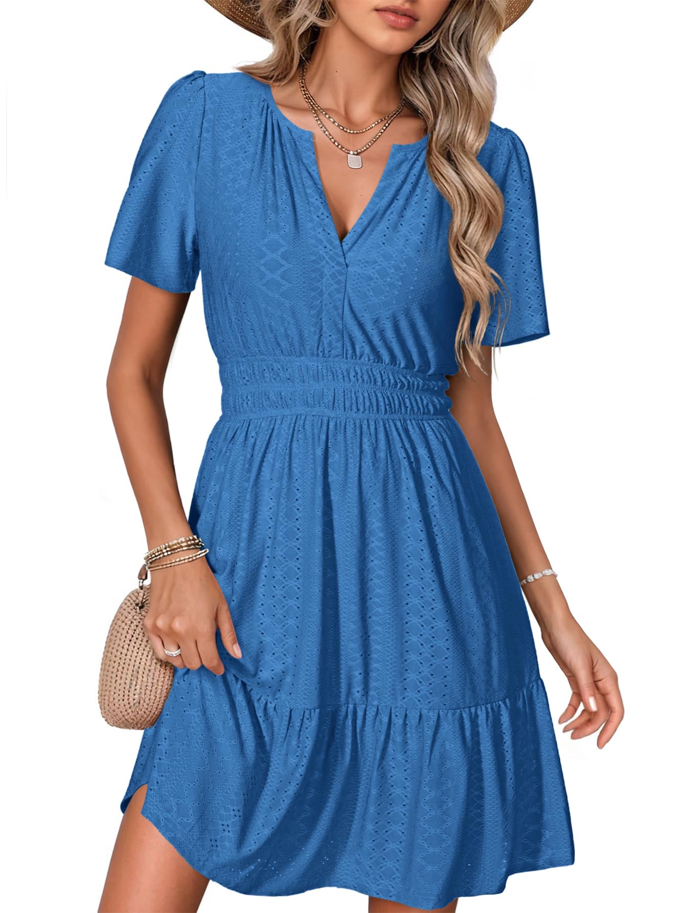Simplee Womens 2026 Summer Mini Dress Eyelet Short Sleeve Cocktail Short Dresses