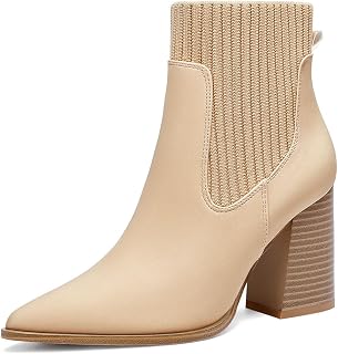 Coutgo Botines para mujer, con puntera puntiaguda, tacón alto, tejidos, estilo Chelsea