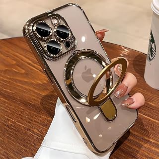 Magnetic for iPhone 16 Pro Max Case Clear Invisible Ring Stand Built-in Camera Lens Protector Compatible with MagSafe Shockproof Case for 16 ProMax,Desert Titanium