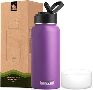 koodee Insulated Water Bottle, 32 oz Stainless Steel Double Wall Vacuum Insulated Wide Mouth Sports Water Bottle with Leak Proof Straw Lid
