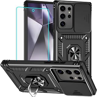 HNHYGETE for Samsung Galaxy S24 Ultra Case with Screen Protector: [Military Grade 20ft. Drop Tested] Slide Camera Cover Ring Shockproof Protective Phone Case for - Galaxy S24 Ultra (Black)