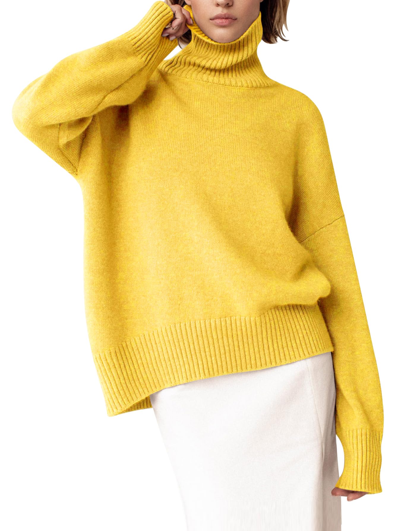 YKR Women's Turtleneck Sweater Chunky Long Sleeve Knitted Pullover High Low Hem 