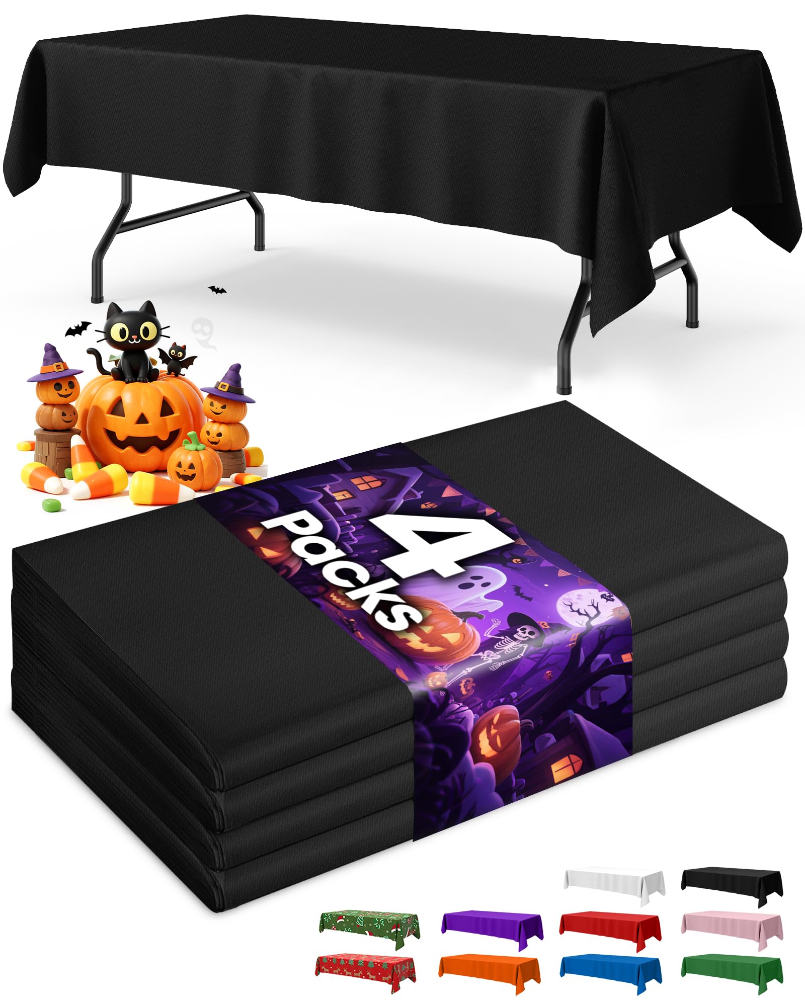 Niuara Black Plastic Table Cloth Disposable, 4 Pack, 54 x 108 in | Rectangle, 6 