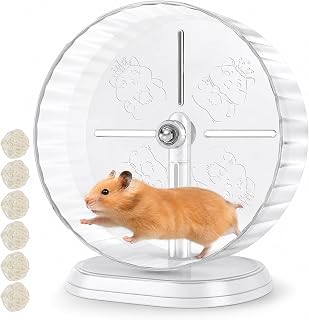 Silent Hamster Exercise Wheel 9.45 Inch, Adjustable Height Gerbil Running Wheel with Stand, Clear Plastic Track for Syrian Hamsters & Mice, Includes 6 Rattan Chew Toys