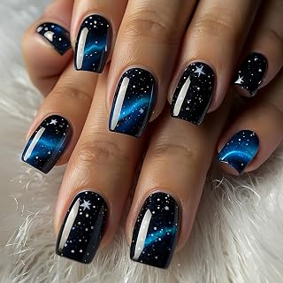 24pcs Short Square False Nails, French Tip Press On Nails, Blue Starry Sky Glitter Fake Nails, Natural Acrylic Full Cover Glue On Nails, Reusable Glossy Stick On Nails for Women Girls DIY Manicure