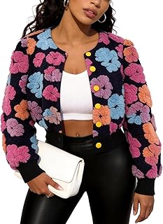 Flygo Womens Floral Print Cropped Bomber Jacket Warm Fleece Button Down Puff-Sleeve Outerwear