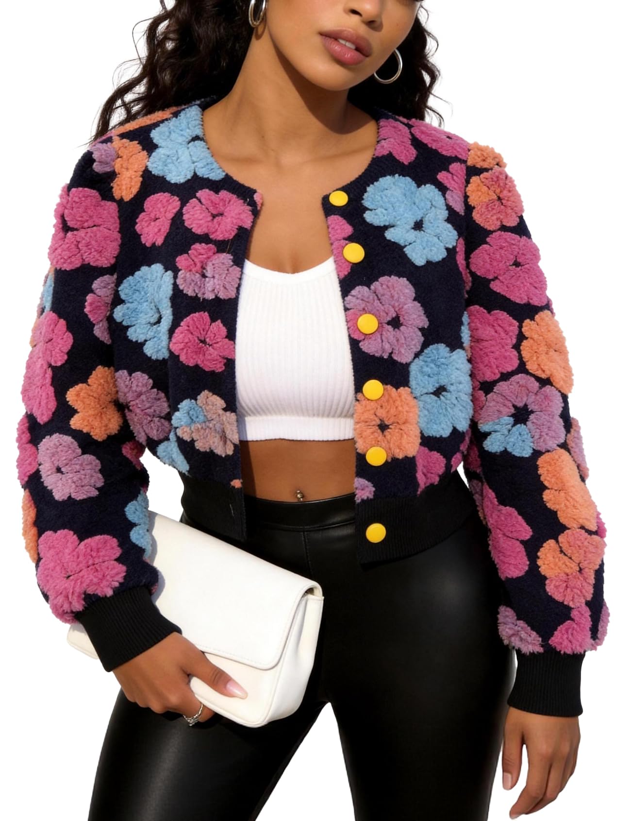 Flygo Womens Floral Print Cropped Bomber Jacket Warm Fleece Button Down Puff-Sle