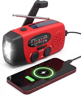 RunningSnail Hand Crank Radio with Flashlight, NOAA/AM/FM Emergency Radio | 2000mAh/7400mWh,Lightweight&Compact,Bright LED Flashlight,Cranked,Solar Power,USB-C,for Power Outage,Emergencies,Camping,Red