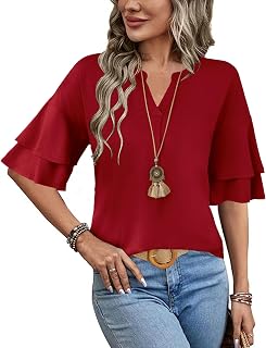LOMON Blusas de manga corta con volantes para mujer, camisetas de moda con cuello en V, estilo casual, manga acampanada 3/4, ropa de primavera y verano