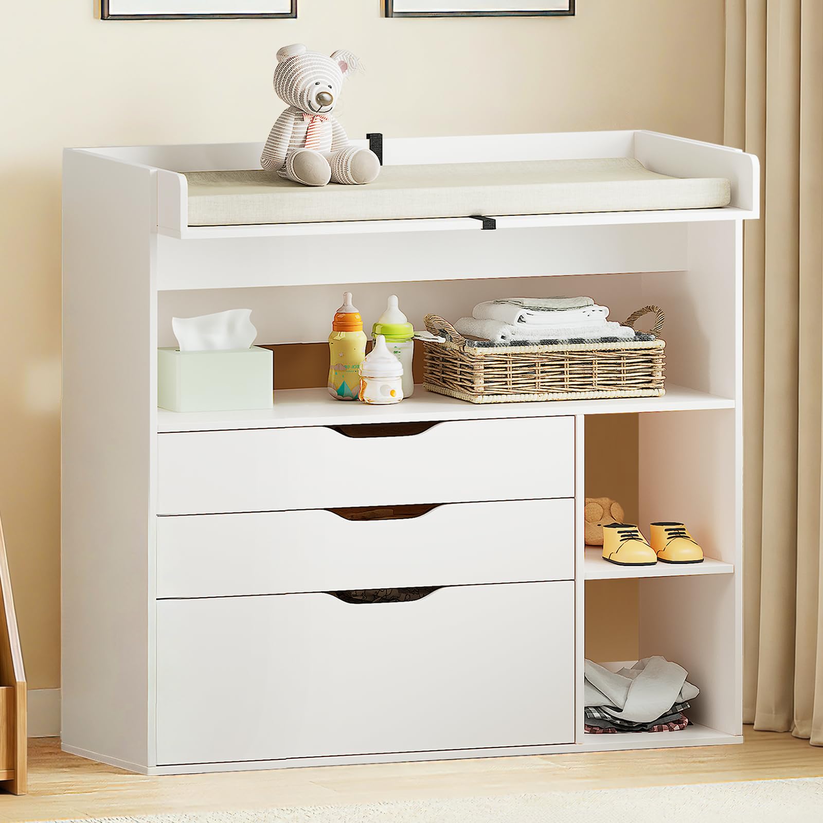Pipleo Baby Changing Table Dresser with 3 Drawers and 3 Storage Shelves, Can be 