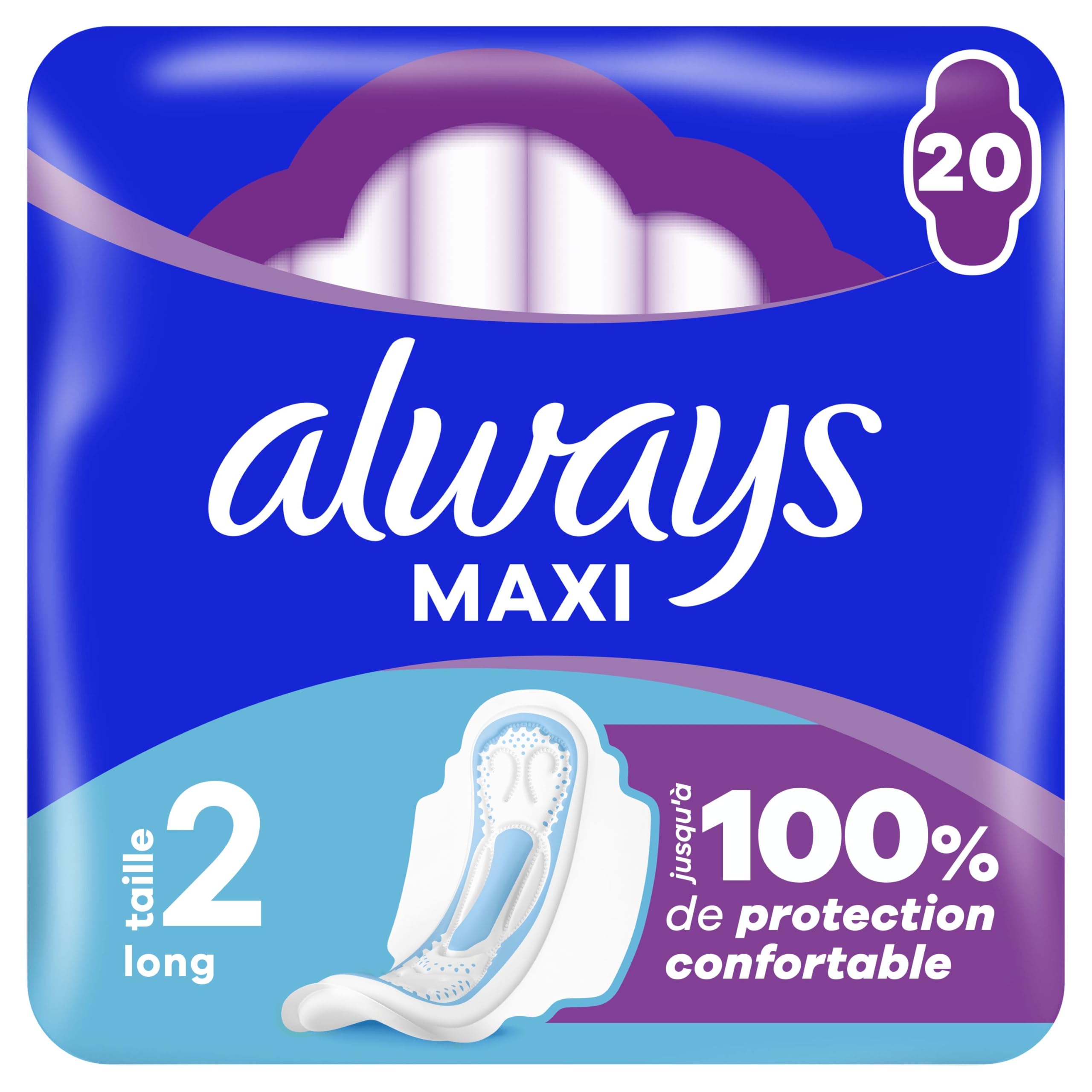 Always Maxi Sanitary Napkins, Size 2, Long, 20 Towels with Wings