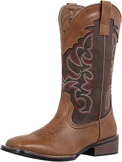 SheSole Women's Cowboy Boots Square Toe Mid Wide Calf Cowgirl Boots Chunky Heel Fashion Western Boots