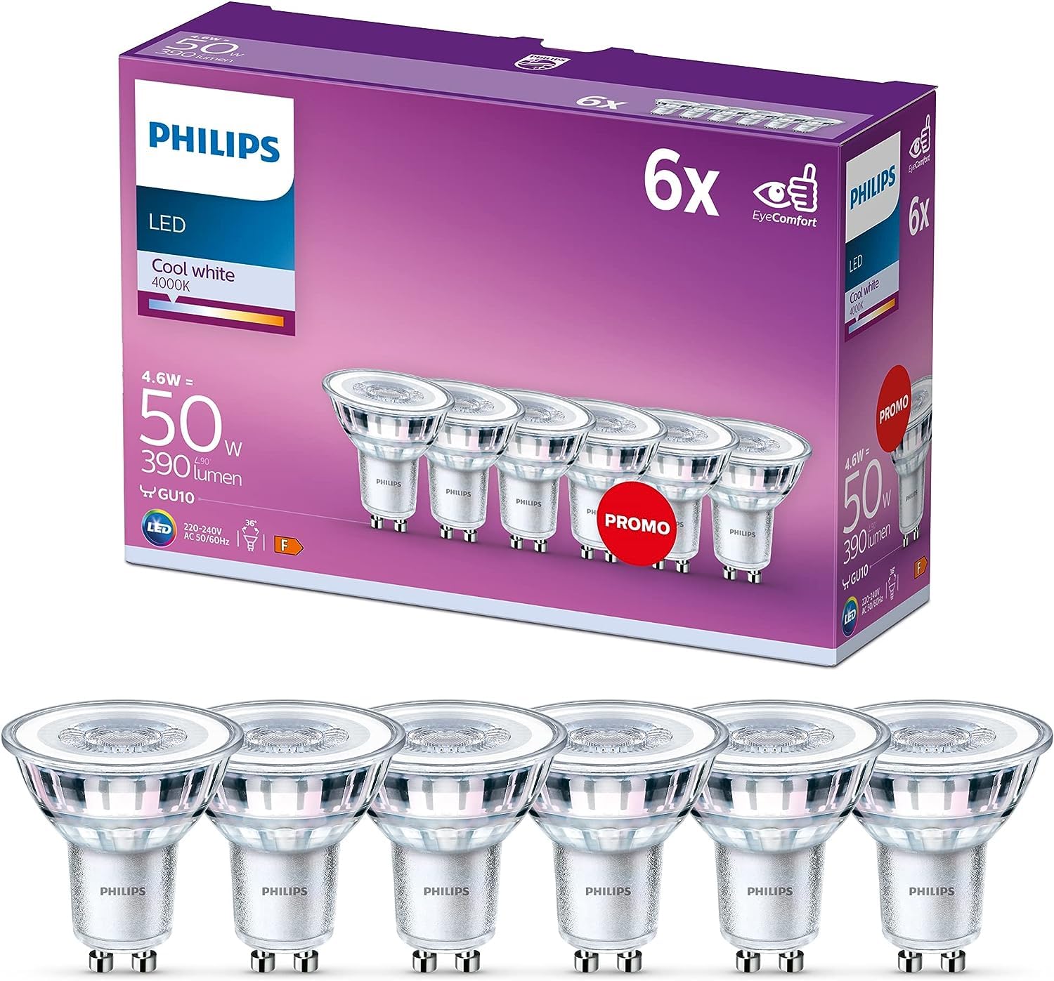 PHILIPS Classic Spotlight LED Bulb, GU10, Pack of 6 | Cool White Ambiance Light,