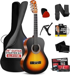 Pyle 6 String Beginner Acoustic Guitar Kit, Right, Sunburst Teardrop Gloss, 39" (PGACLS82CBS.X9)