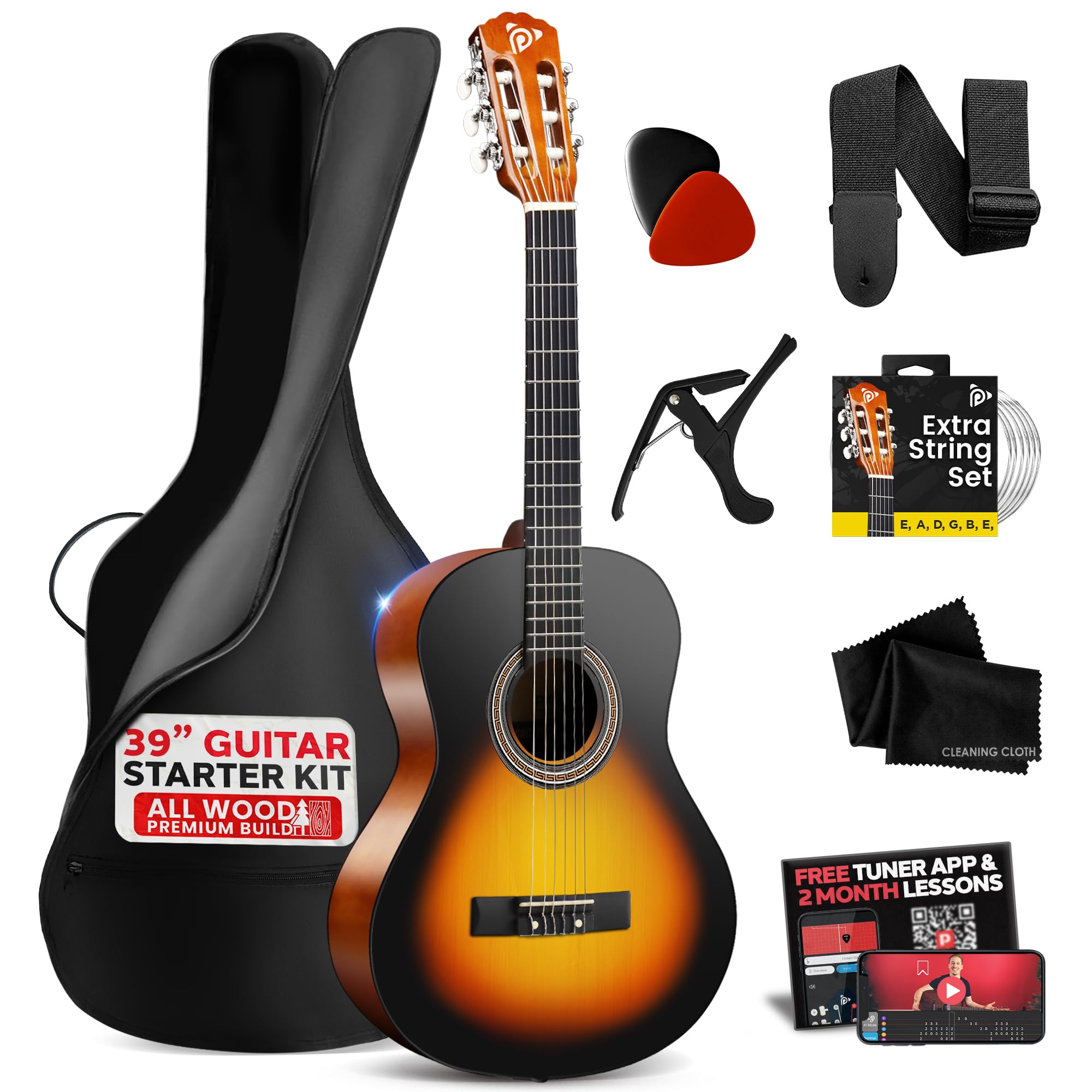 Pyle 6 String Beginner Acoustic Guitar Kit, Right, Sunburst Teardrop Gloss, 39" 