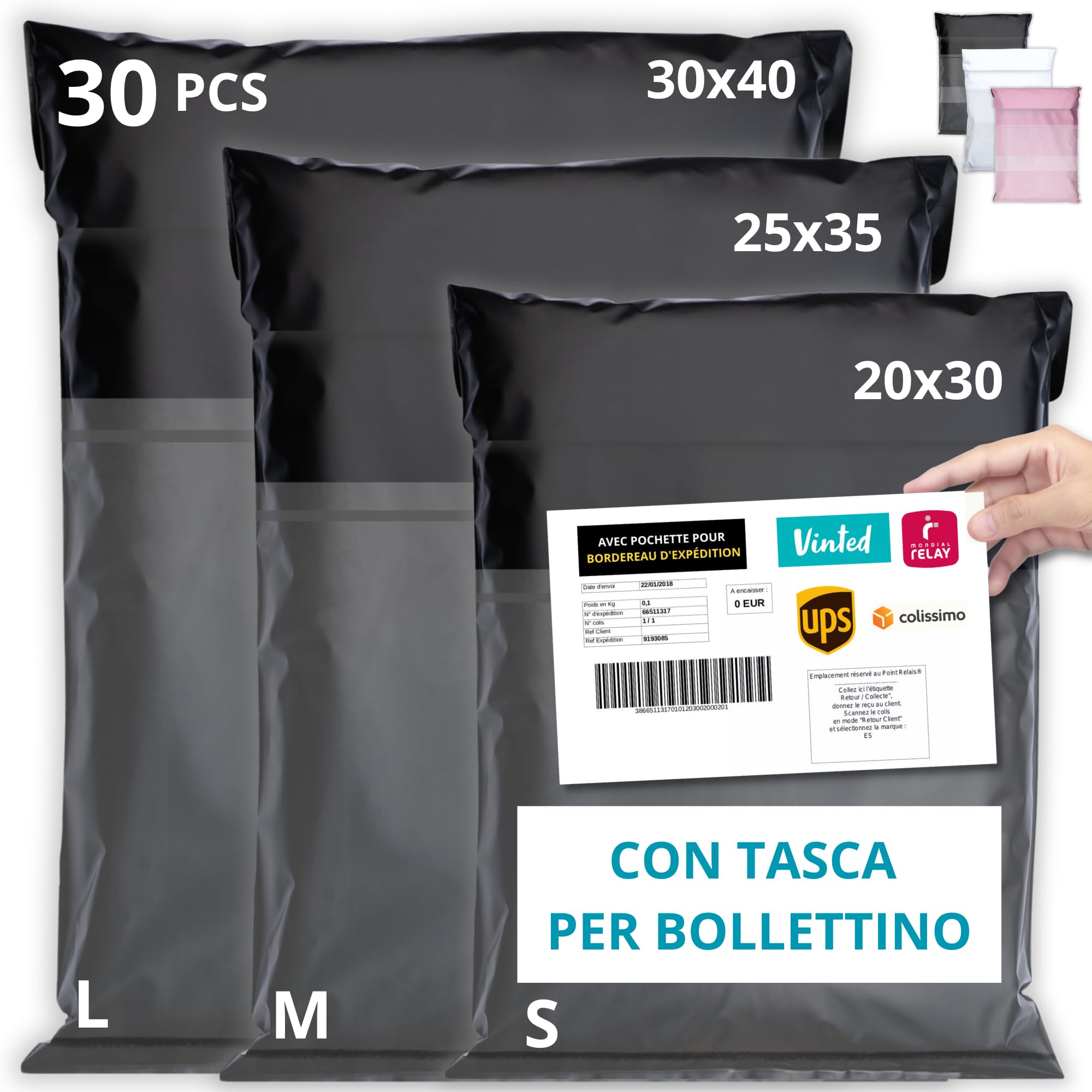 EMBALLAX - 30 Vinted Shipping Bags with Pocket for Bulletin - Sizes S/M/L - Non-