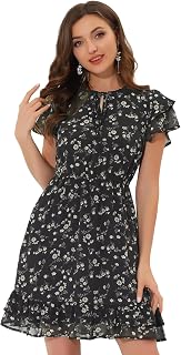 Allegra K Women Ruffle Sleeve A Line Flowy Floral Mini Chiffon Dress
