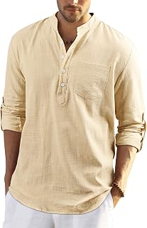 Enlision Men's Linen Shirt Long Sleeve Casual Summer Shirts Loose Leisure Solid Color Button Down Shirt Top with Pocket