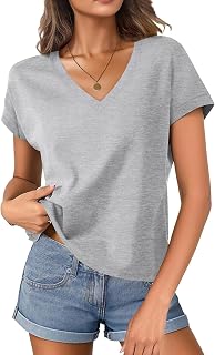 レディース コットン Vネック ボクシー クロップTシャツ キャップ スリーブ トップス ルーズフィット Tシャツ 半袖 サマーファッション