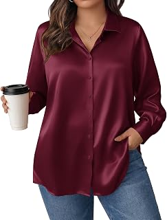 IN'VOLAND Women Plus Size Satin Blouses Long Sleeve Button Down Silk Shirts