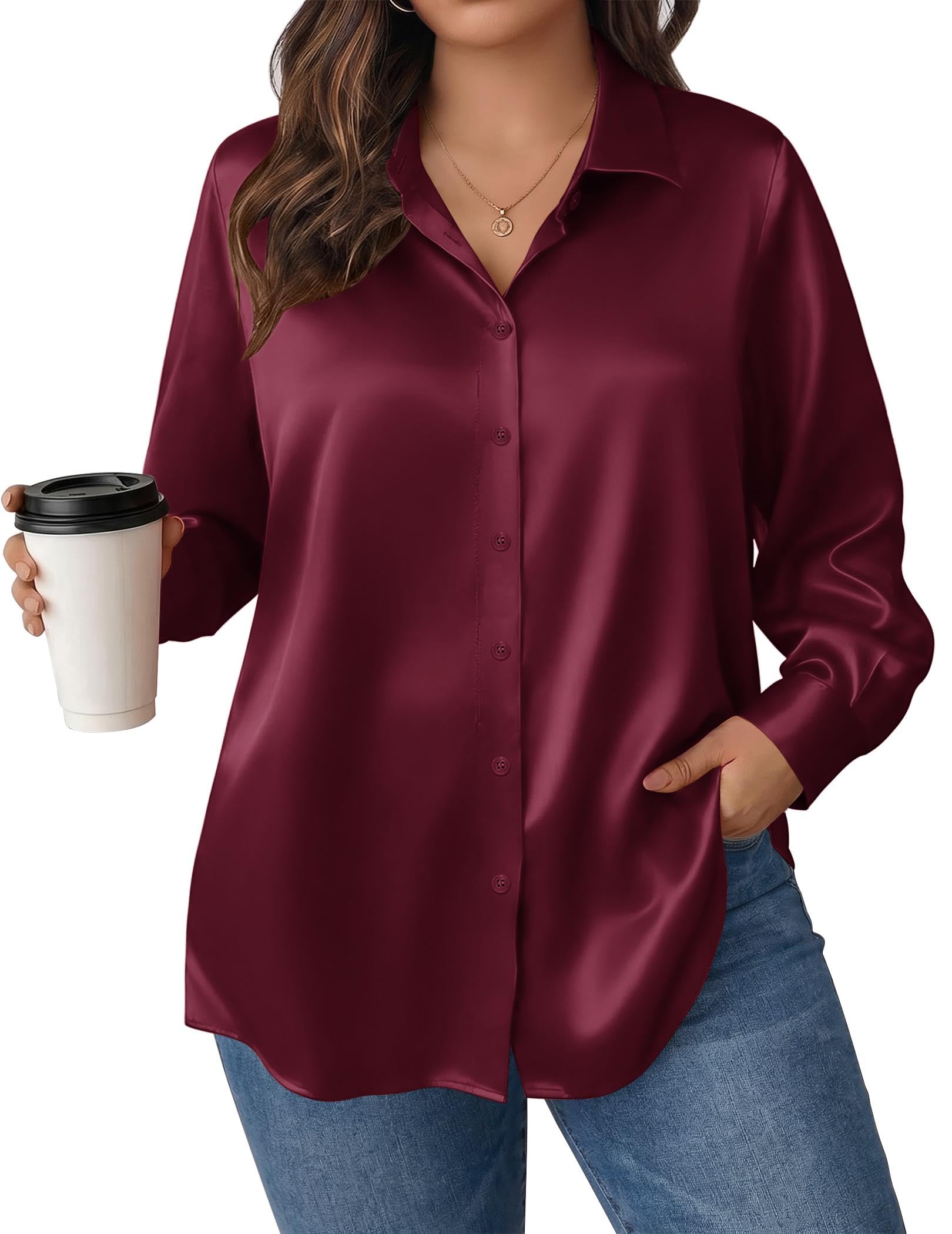IN'VOLAND Women Plus Size Satin Blouses Long Sleeve Button Down Silk Shirts
