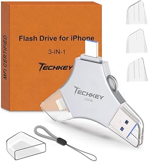 USB Flash Drive for iPhone/iPad, MFi Certified 3in1, 256GB, Silver | External Memory Photo Storge Keeper, Type c/USB 3.0/USB C High Speed, Compatible with PC, Video/Data Backup Card