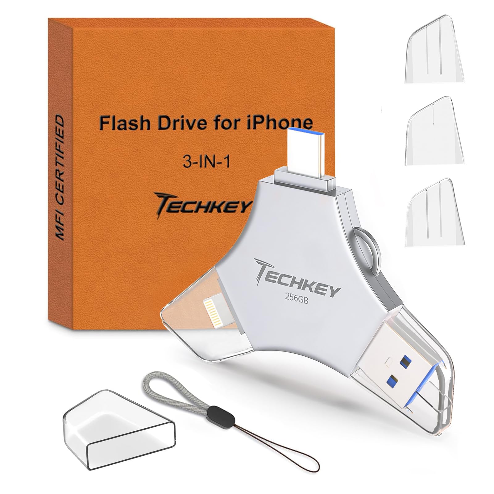 USB Flash Drive for iPhone/iPad, MFi Certified 3in1, 256GB, Silver | External Me