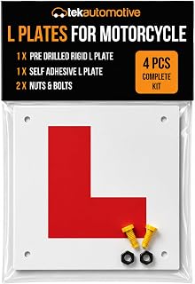 Tek Automotive Motorcycle L Plate Kit – 4 Pcs Motorbike L Plates Set | 1 Rigid Rear Plate with Pre-Drilled Holes & Bolts, 1 Self Adhesive Front Sticker, Road Legal, Weatherproof