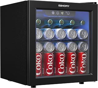 EUHOMY 12 Bottle 48 Can Mini Fridge, Beverage Refrigerator with Glass Door | 1.3 Cu.ft, 40°F to 61°F, Compressor Cooling, Digital Temperature Control, Adjustable Shelves, LED Light, Office Home Dorm Use