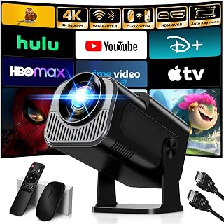 [Built-in Apps & 2026 Upgraded] Mini Projector Support 4K 1080P Auto Keystone 270° Rotatable with WiFi 6 and Bluetooth 5.2 Projector Portable Compatibile with HDMI/TV Stick/Memory Stick/Laptop,Black