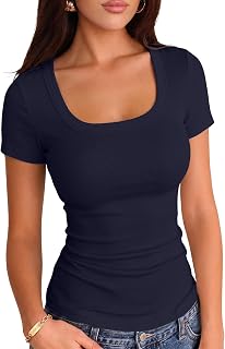 VICHYIE Women Square Neck Ribbed Knit Slim Fitted Casual Top