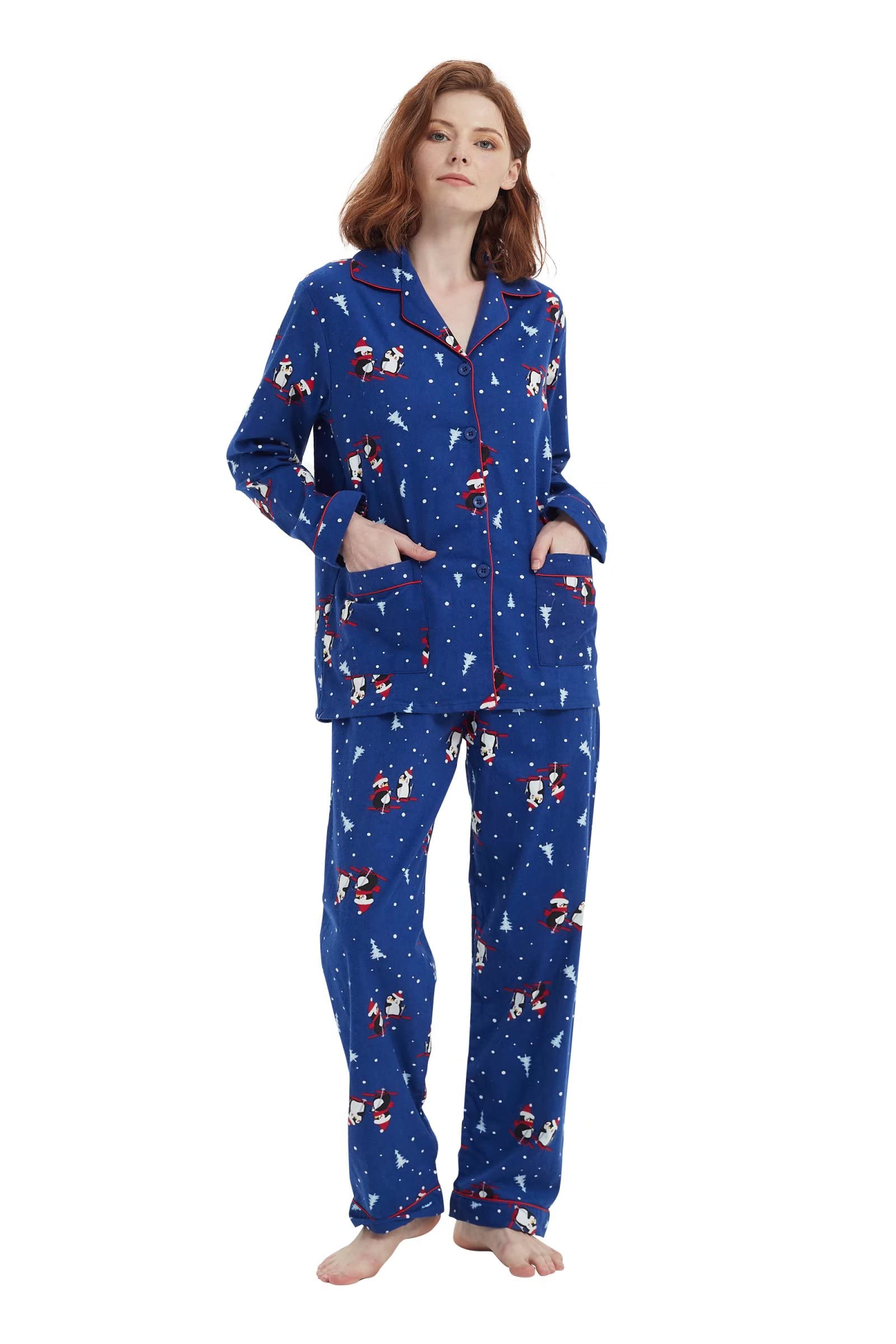 Amaxer Women's Flannel Pyjama Set, 100% Cotton, Autumn/Winter Pyjamas, Long Two-