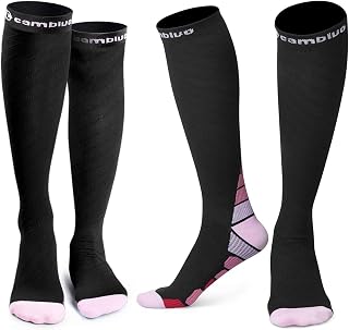 CAMBIVO Compression Socks for Women & Men 2 Pairs, Travel Flight Socks | Knee High Graduated Compression for Calf & Ankle Support, Running, Work, Nurses and Pregnancy