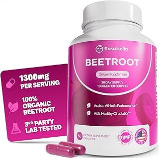 Rosabella Organic Beet Root Capsules - 1300mg Beet Root Powder Aids Healthy Circulation & Vitality, Non-GMO, Beet Root Supplement - 60 Capsules, 30-Day Supply
