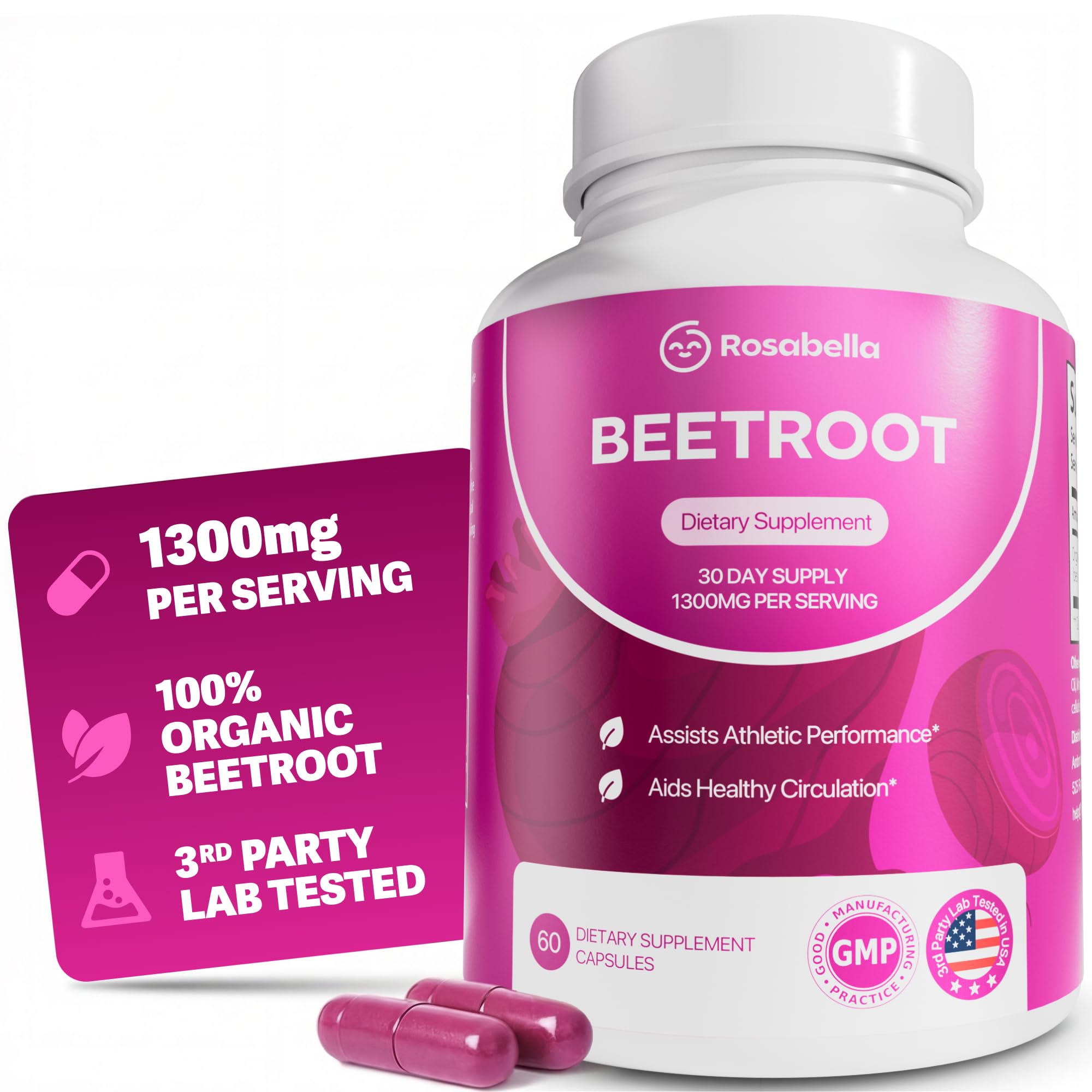 Rosabella Organic Beet Root Capsules - 1300mg Beet Root Powder Aids Healthy Circ