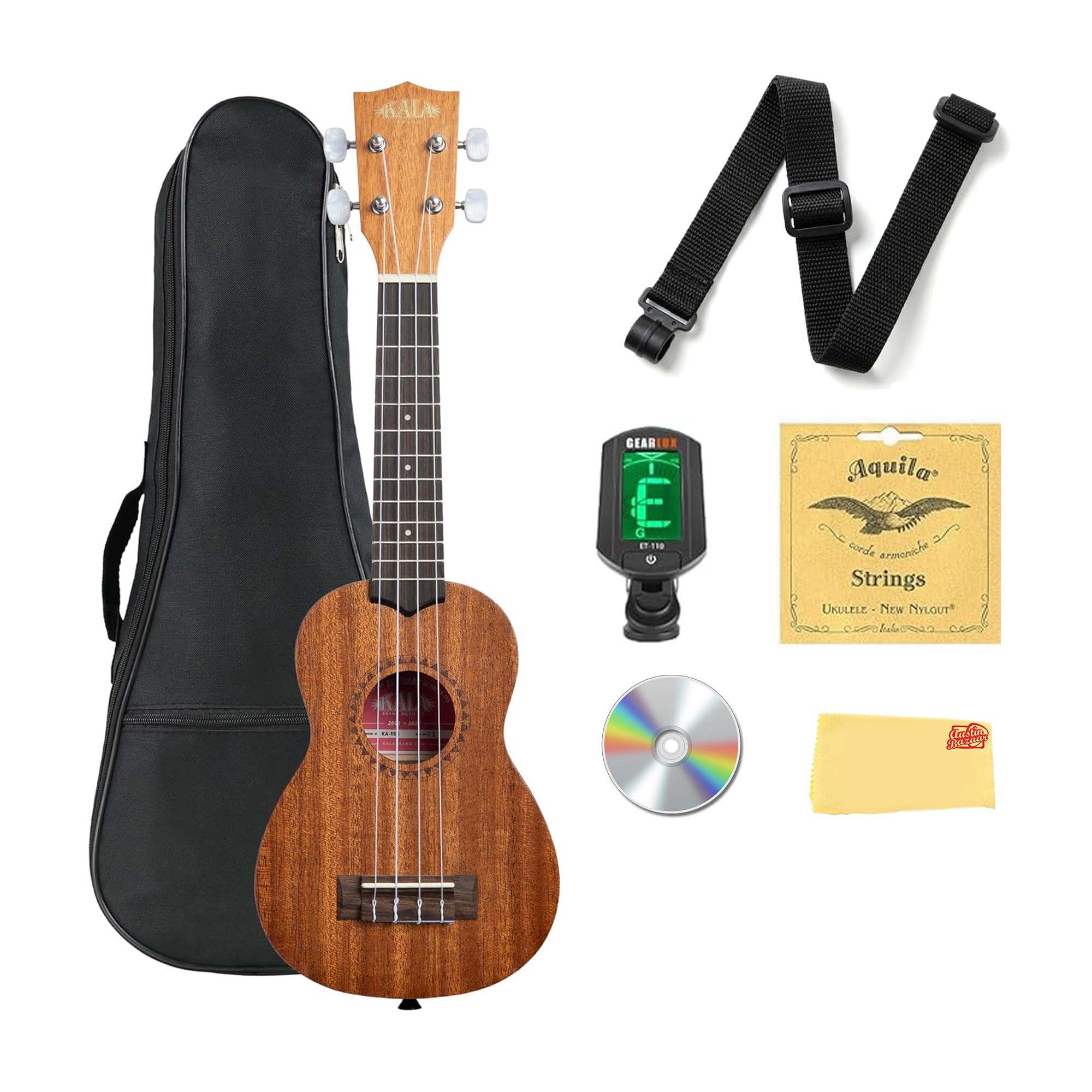 Kala KA-15S Satin Mahogany Soprano Ukulele Bundle with Gig Bag, Tuner, Strap, Au