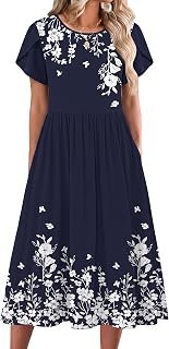 Zeagoo Women Summer Midi Dress Short Sleeve Casual Pockets Aline Flowy Tshirt Dress Floral Vocation Beach Sundress