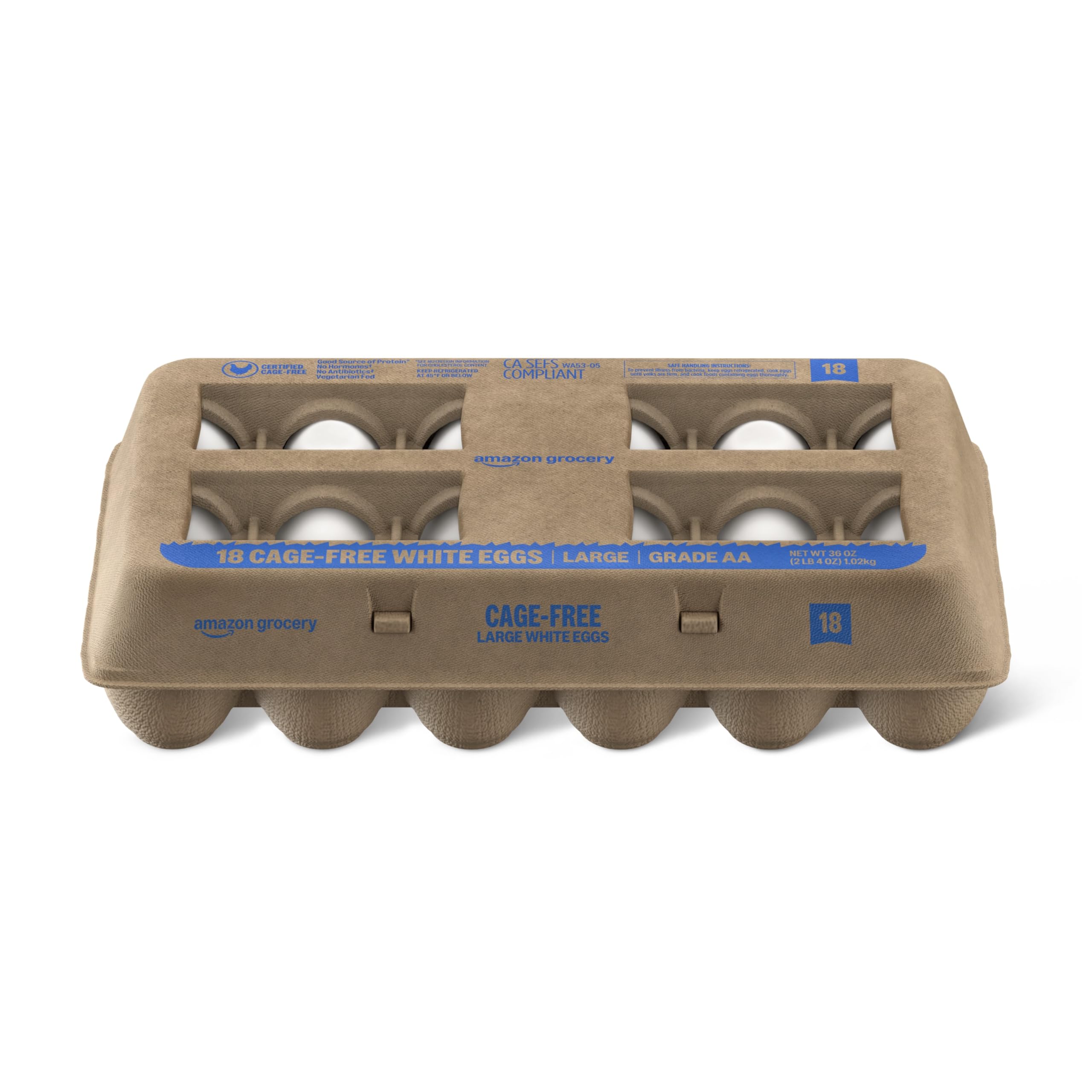 Amazon Grocery, Cage-Free Large White Eggs, Grade AA, 18 Ct