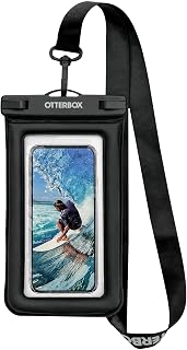 OtterBox Waterproof Universal Phone Pouch for All Apple iPhone & Samsung Galaxy Models - IPX8 Submersible Dry Bag, Heavy-Duty Clip, Lanyard, Clear PVC Touch- Sleeve for Beach, Travel - Black