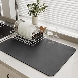 MontVoo-Absorbent Dish Drying Mat-Kitchen Counter Rubber Backed Water Absorbing Drying Mat-Hide Stain Under Dish Mat Quick Dry Coffee Mat-Dark Grey 12''x19''