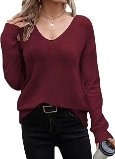 Zeagoo Women's Elegant Knitted Sweater V Neck Fall Crochet Sweater Long Sleeve Fashion Plain Casual Sweater Sizes S-XXL