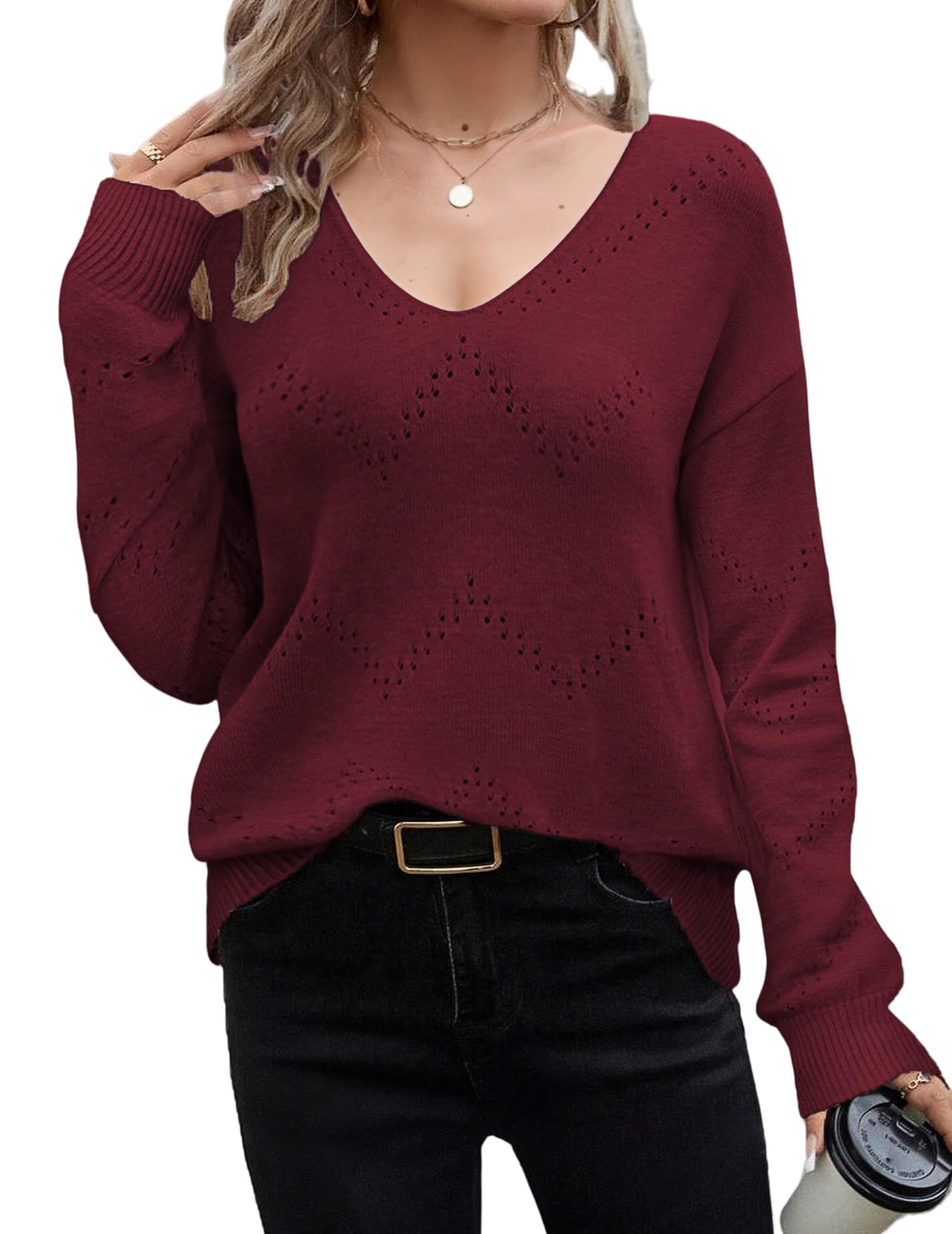 Zeagoo Women's Elegant Knitted Sweater V Neck Fall Crochet Sweater Long Sleeve F